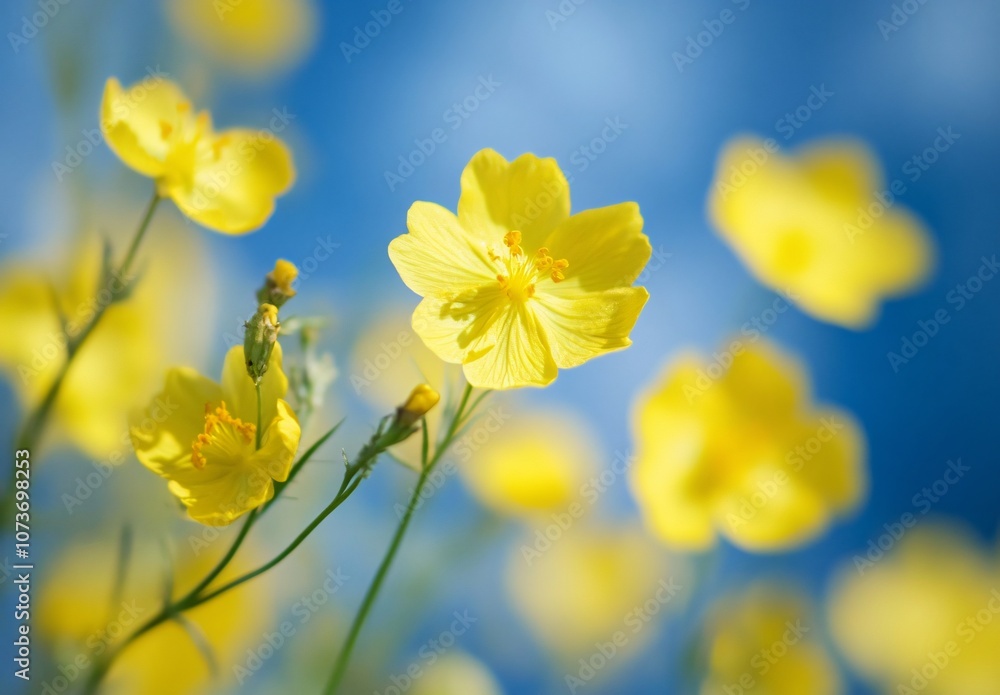 Fototapeta premium Yellow Flowers Against Blue Sky Blurred Background