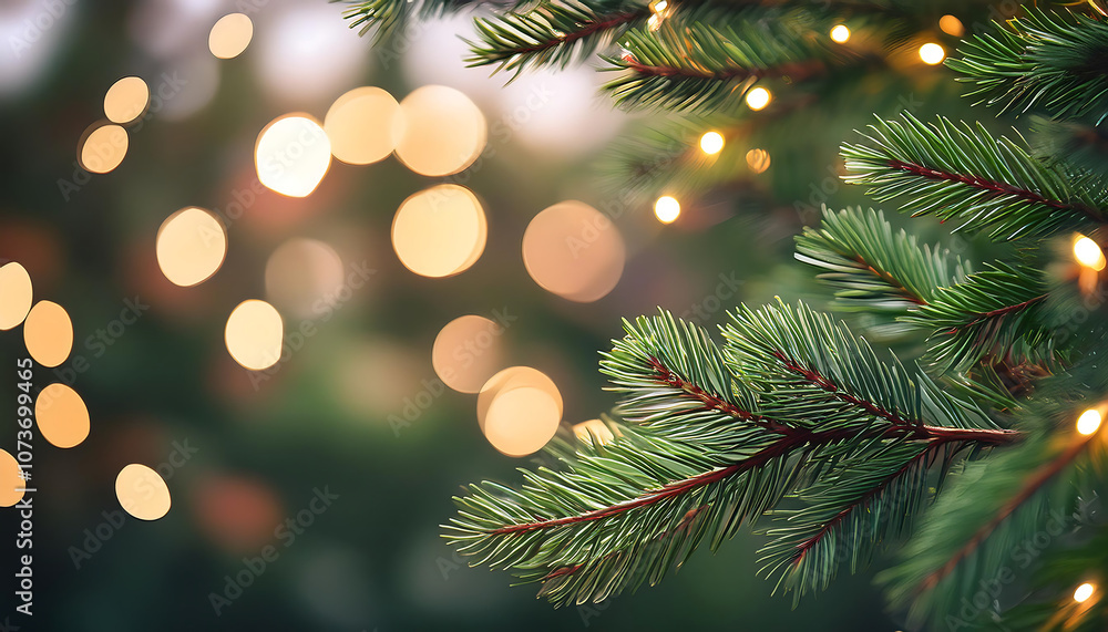 Evergreen tree branches and leaves with twinkling lights softly focused behind a serene and_1(476) Evergreen tree branches and leaves with twinkling lights softly focused behind a serene and_1(476)