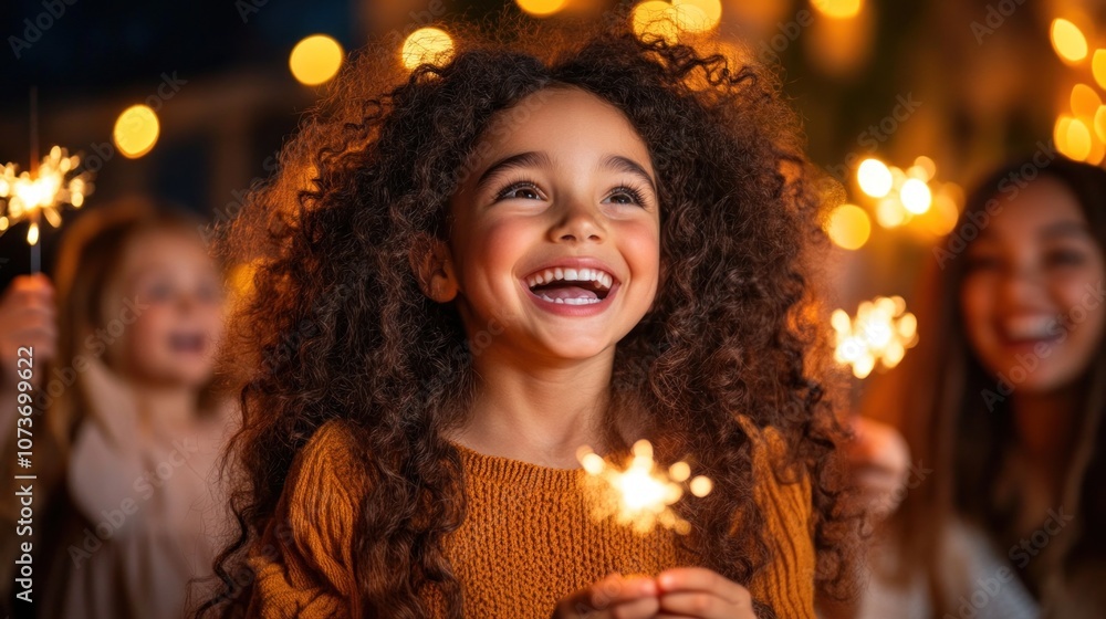 A young girl beams with happiness while holding a sparkler during a joyful outdoor celebration with friends in the evening. The scene is illuminated by twinkling lights A young girl beams with happiness while holding a sparkler during a joyful outdoor celebration with friends in the evening. The scene is illuminated by twinkling lights