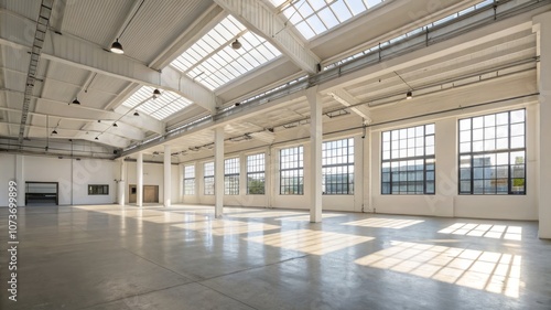 A large, empty warehouse with a lot of windows and a lot of light