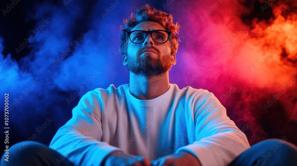 The young man, dressed casually and wearing glasses, sits cross-legged in a dimly lit setting, surrounded by colorful smoke that creates a dramatic atmosphere The young man, dressed casually and wearing glasses, sits cross-legged in a dimly lit setting, surrounded by colorful smoke that creates a dramatic atmosphere