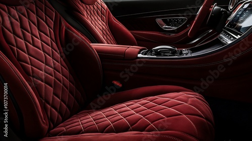 Close-up of a luxurious red leather car seat with diamond stitching. photo