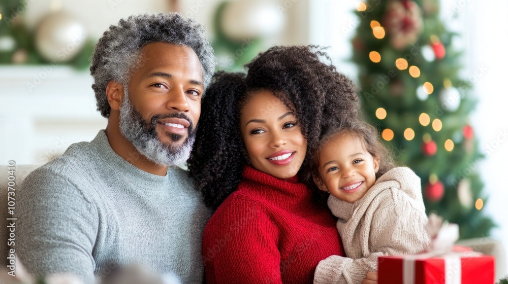 A cheerful family, with a father, mother, and young daughter, enjoys warm moments by a beautifully decorated Christmas tree during the festive holiday season