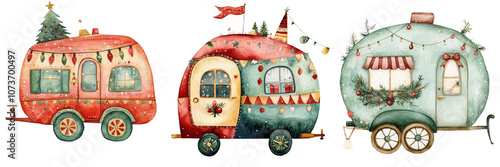 Cute Christmas Camper Vans Holiday Travel Winter Wonderland Illustration