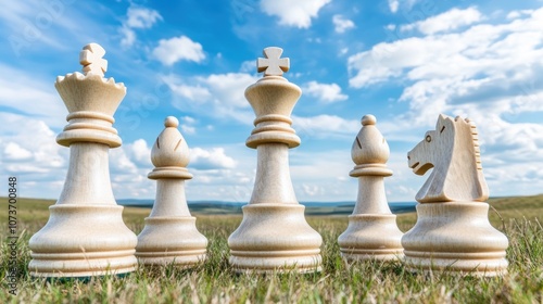 Giant wooden chess pieces are positioned on lush green grass, showcasing a king, queen, and knight, with a clear blue sky and fluffy clouds in the background on a sunny day