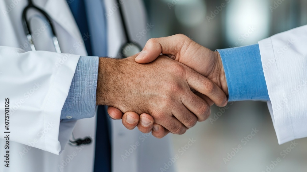 Two medical professionals engage in a handshake, symbolizing teamwork and collaboration in a contemporary hospital. The setting reflects a commitment to high-quality healthcare Two medical professionals engage in a handshake, symbolizing teamwork and collaboration in a contemporary hospital. The setting reflects a commitment to high-quality healthcare