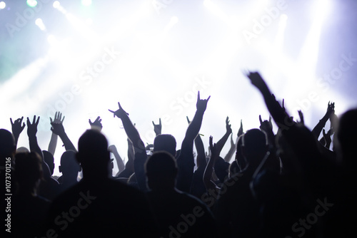 Crowd at concert and blurred stage lights.