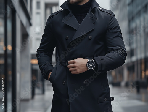 Close-up of a person wearing a stylish trench coat photo