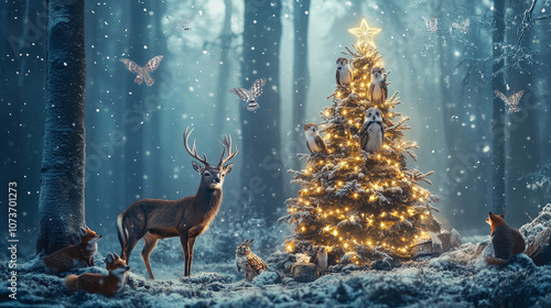 christmas tree with reindeer and animals photo