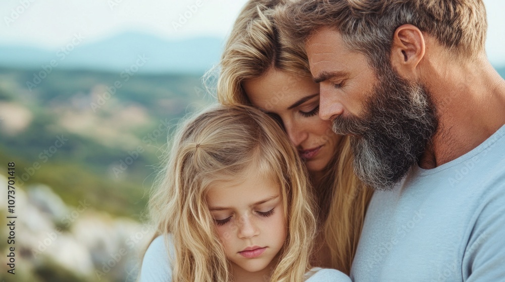 man, woman, and young girl closely embrace, showing love and affection. backdrop features beautiful hills and soft sunlight, creating a warm and peaceful atmosphere man, woman, and young girl closely embrace, showing love and affection. backdrop features beautiful hills and soft sunlight, creating a warm and peaceful atmosphere