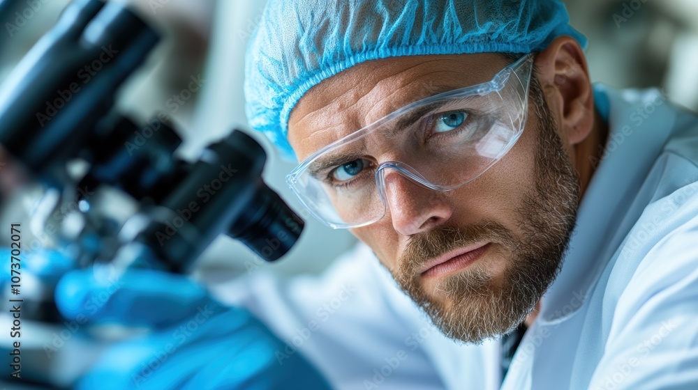 A focused scientist wearing protective gear looks intently through a microscope, analyzing samples in a well-lit, contemporary laboratory environment A focused scientist wearing protective gear looks intently through a microscope, analyzing samples in a well-lit, contemporary laboratory environment