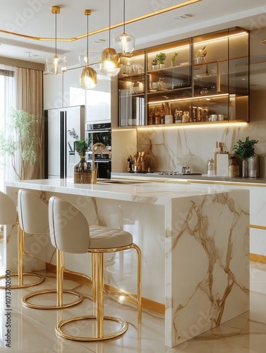 Luxurious, modern kitchen area with a predominantly white and gold color scheme. Minimalist decor elements, clean, open, and stylish look. photo