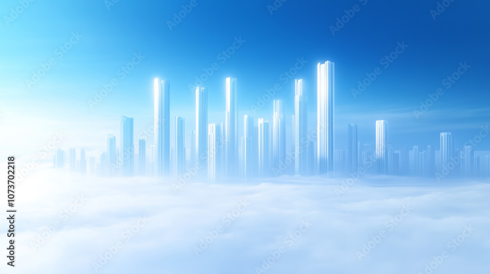 Ethereal city skyline emerging through clouds during a serene morning in a bright blue sky Ethereal city skyline emerging through clouds during a serene morning in a bright blue sky
