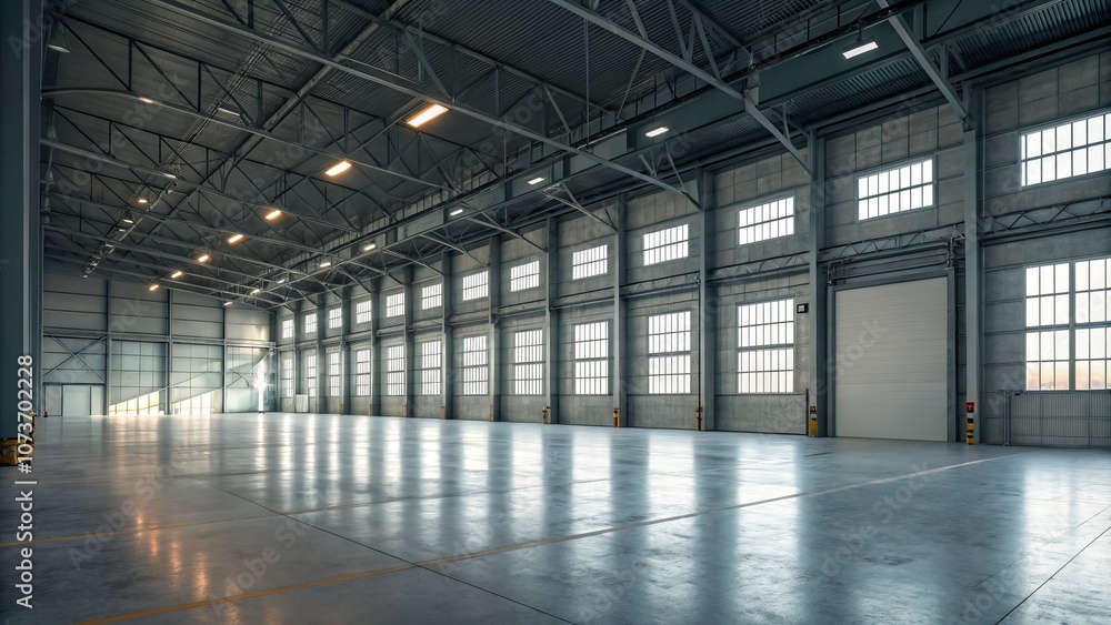 A large, empty warehouse with a lot of windows and a lot of light A large, empty warehouse with a lot of windows and a lot of light