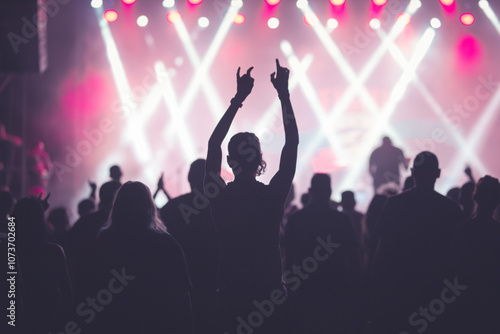 Crowd at concert and blurred stage lights.
