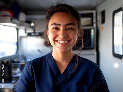 Smiling healthcare worker in scrubs inside mobile clinic showcasing dedication and compassion in community health outreach photo