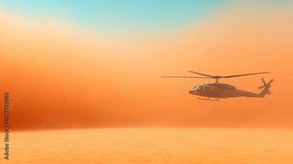 Helicopter flying through orange dust storm at sunset over vast desert landscape Helicopter flying through orange dust storm at sunset over vast desert landscape