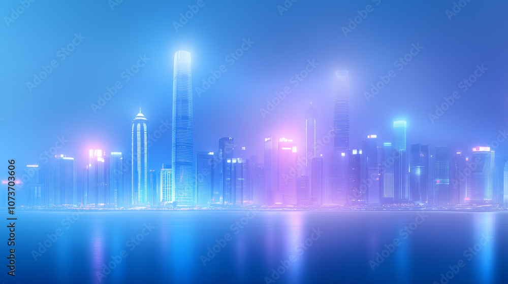 A vibrant city skyline illuminated at night with colorful lights and fog over the water A vibrant city skyline illuminated at night with colorful lights and fog over the water