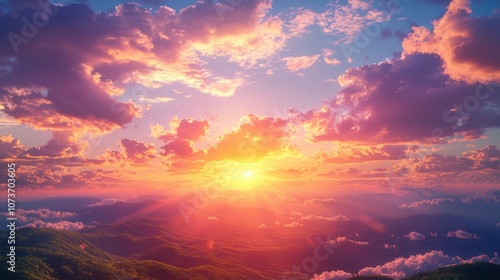 A stunning sunrise illuminates the sky with vibrant hues of orange, pink, and purple, casting a warm glow over serene mountains and fluffy clouds.