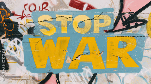 Graffiti mural with the words stop war on colorful wall background