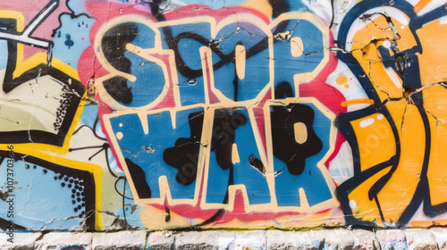 Graffiti mural with the words stop war on colorful wall background