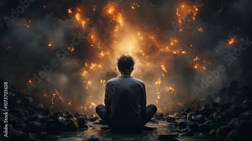  A man sits in a meditative pose on a rocky ground, his back to the viewer. Behind him, the sky is ablaze with fire and glowing embers, creating a dramatic and otherworldly scene.