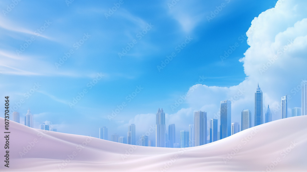 Desert dunes meet urban skyline under a bright blue sky in a futuristic cityscape Desert dunes meet urban skyline under a bright blue sky in a futuristic cityscape