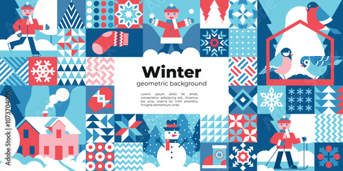 Winter geometric background with snowy nature and sports activities. Wintery backdrop with different types of outdoor recreation. Banner, flyer, invitation
