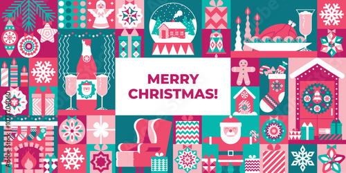 Bright Christmas geometric background with holiday symbols, home comfort, gifts, decorations. Christmas backdrop with fireplace, armchair, door with wreath, festive dinner, fir tree branch, snow globe