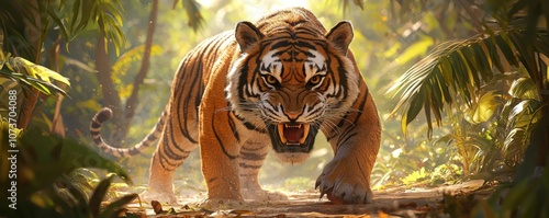A fierce tiger prowls through a lush jungle, showcasing its majestic beauty and strength amidst vibrant green foliage.