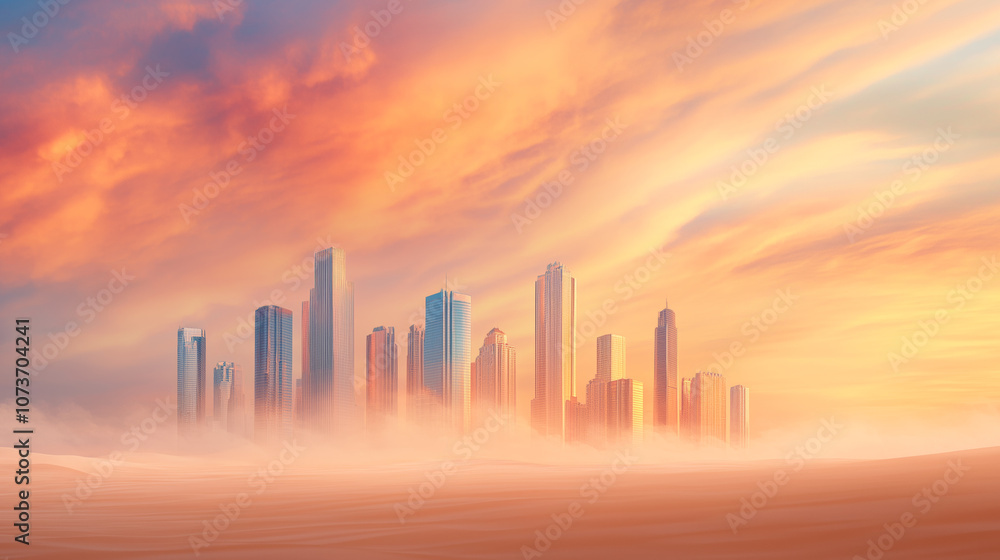 Stunning sunset over a modern skyline with mist enveloping the tall buildings by the waterfront Stunning sunset over a modern skyline with mist enveloping the tall buildings by the waterfront