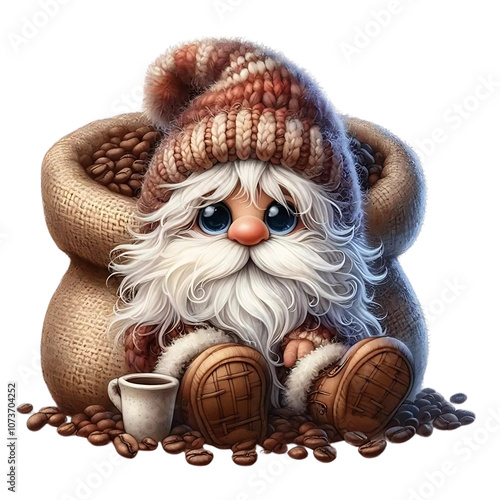 Cheerful gnome with coffee beans, white background.