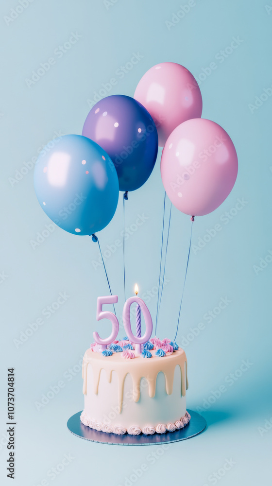 Birthday cake with candles for 50 years, balloons in pastel background Birthday cake with candles for 50 years, balloons in pastel background