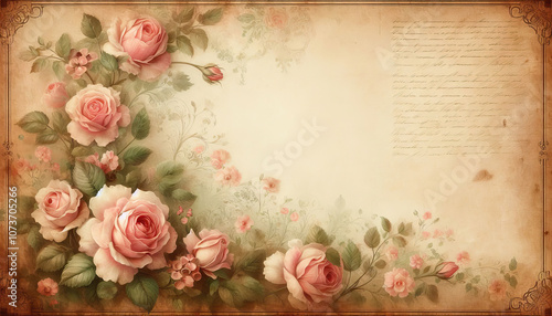 vintage frame with faded pale roses on yellowed paper with old fashioned text