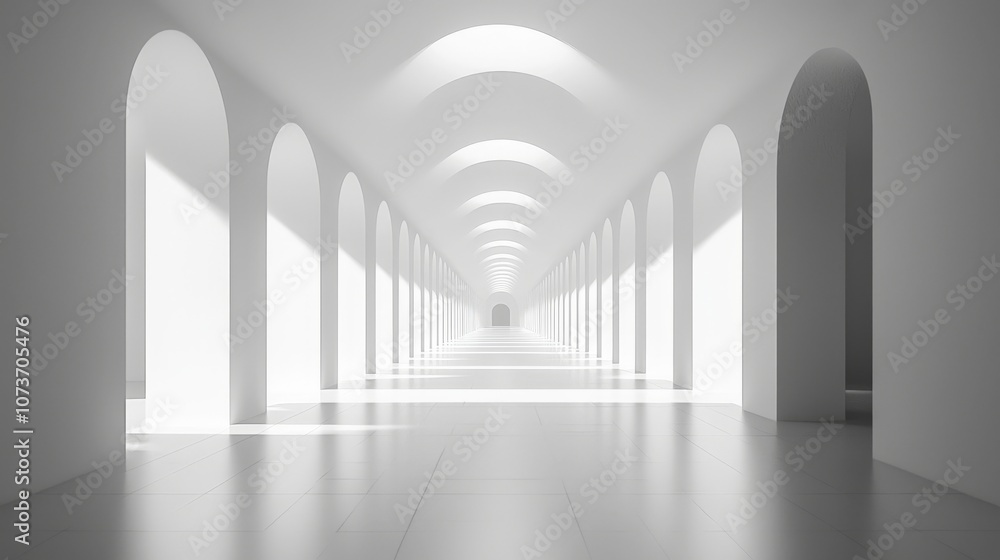 Obraz premium A minimalistic hallway with arched doorways, characterized by abundant natural light and a clean, white interior.
