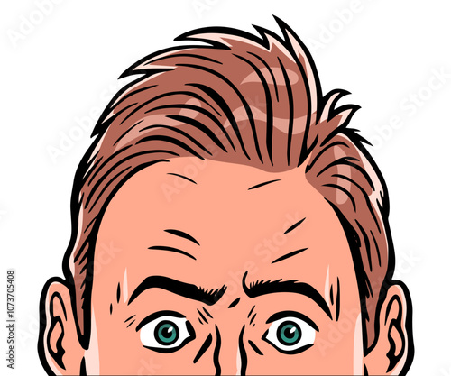 The face of a frightened man. A person hides from fear and the unknown. Emotions and feelings. Observation and peeping. Cartoon vector illustration. Hand drawn style. Humorous art