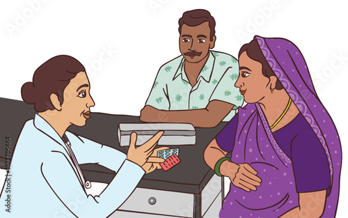 indian rural couple consulting with a lady doctor | pregnant rural woman consulting lady doctor