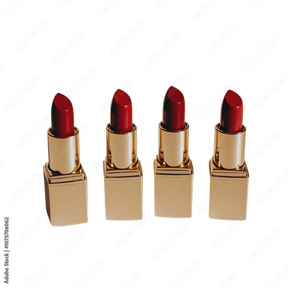 Four red lipsticks with different finishes, isolated on a white background. PNG transparent. Four red lipsticks with different finishes, isolated on a white background. PNG transparent.