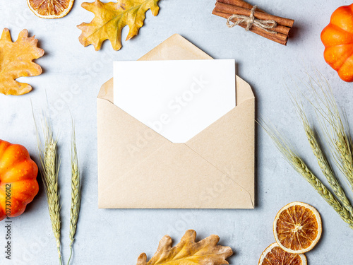 Kraft envelope with a blank card on a light gray background, surrounded by autumn decorations like pumpkins, oak leaves, cinnamon sticks, and dried orange slices. photo