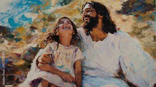 Fototapeta Naklejka Na Ścianę i Meble -  Jesus embracing a laughing girl, in a colorful painting evoking faith, love, and joy