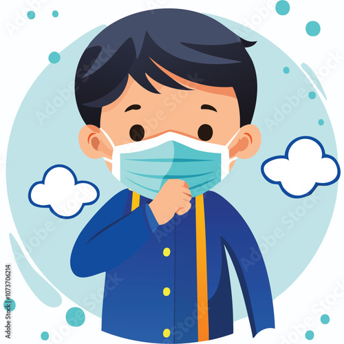 Illustration of a sick boy wearing a health mask