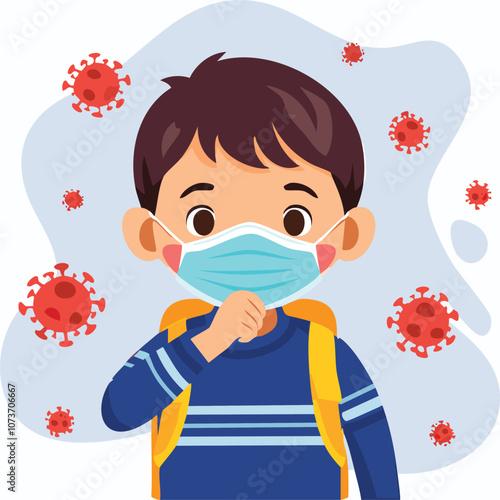 Illustration of a sick boy wearing a health mask