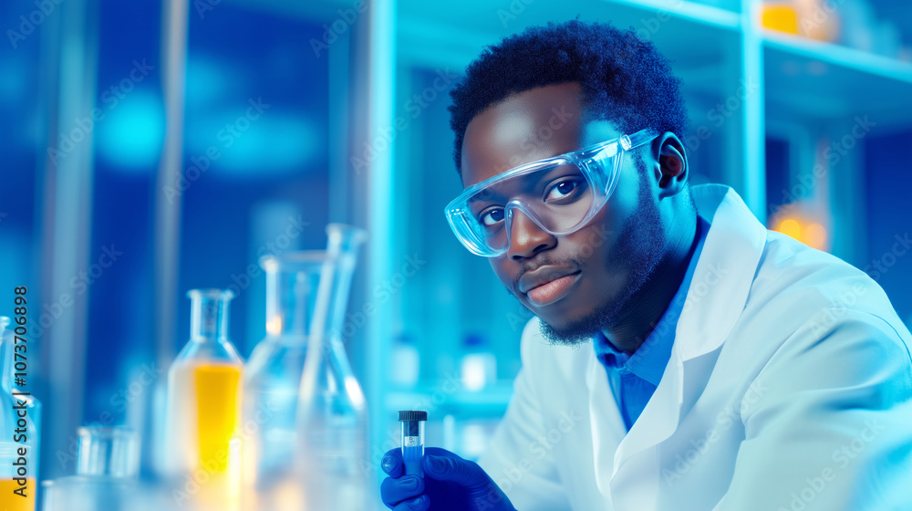 Young scientist conducting experiments in a laboratory with colorful liquids at dusk Young scientist conducting experiments in a laboratory with colorful liquids at dusk