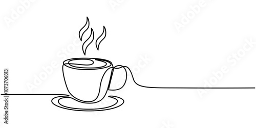 Continuous one single line drawing of Cup of tea or coffee, Coffee cup continuous line sketch tea icon cafe sketch drink single art outline mug logo food. Doodle cup line abstract background breakfast