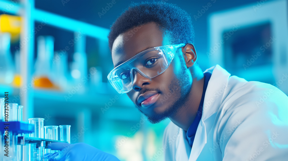 Young scientist measuring liquid in a laboratory with colorful beakers during a research experiment Young scientist measuring liquid in a laboratory with colorful beakers during a research experiment