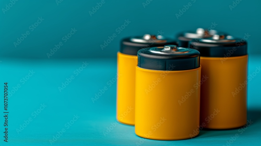 Minimalistic composition featuring four yellow batteries standing upright on a teal background, focusing on clean energy, modern design, and simplicity, battery. Minimalistic composition featuring four yellow batteries standing upright on a teal background, focusing on clean energy, modern design, and simplicity, battery.
