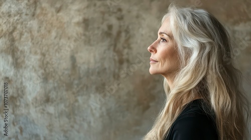 Profile Portrait of a Woman with Long Wavy Blonde Hair Against a Neutral Background