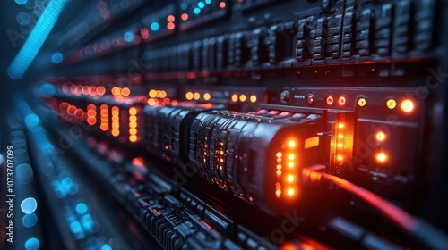 Close-up of server rack with illuminated indicators and cables.