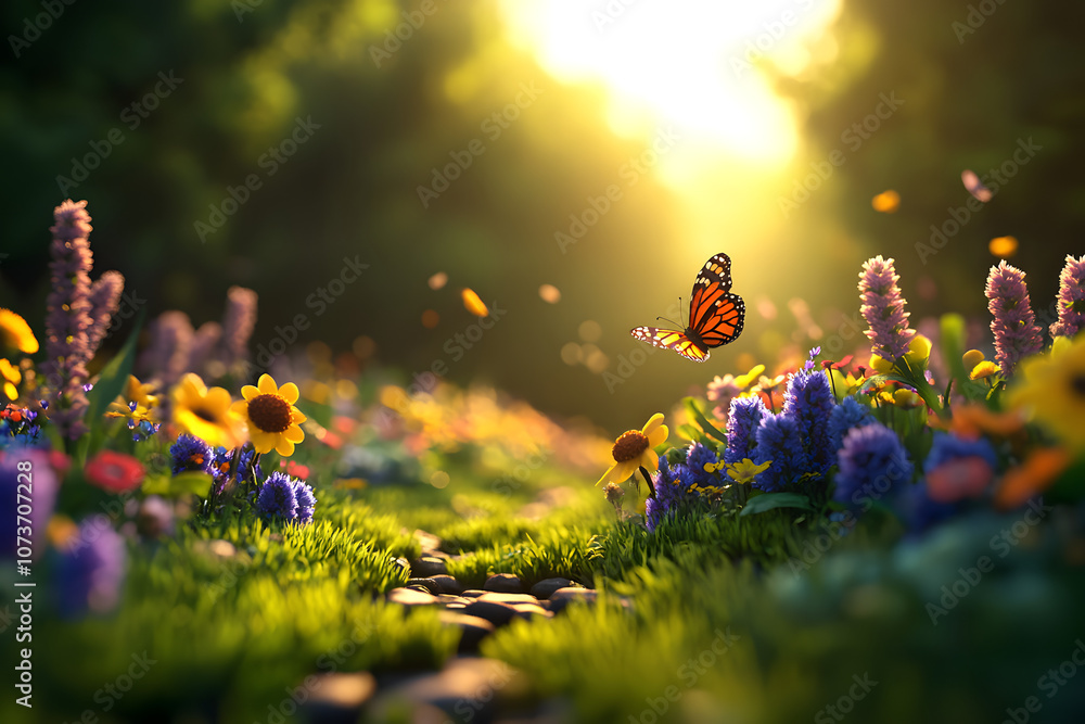 Fototapeta premium Idyllische Frühlingswiese mit blühenden Wildblumen und Schmetterlingen bei Sonnenaufgang