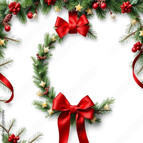 Clipping path for christmas wreath with red ribbon bow isolated on white frame christmas isolated